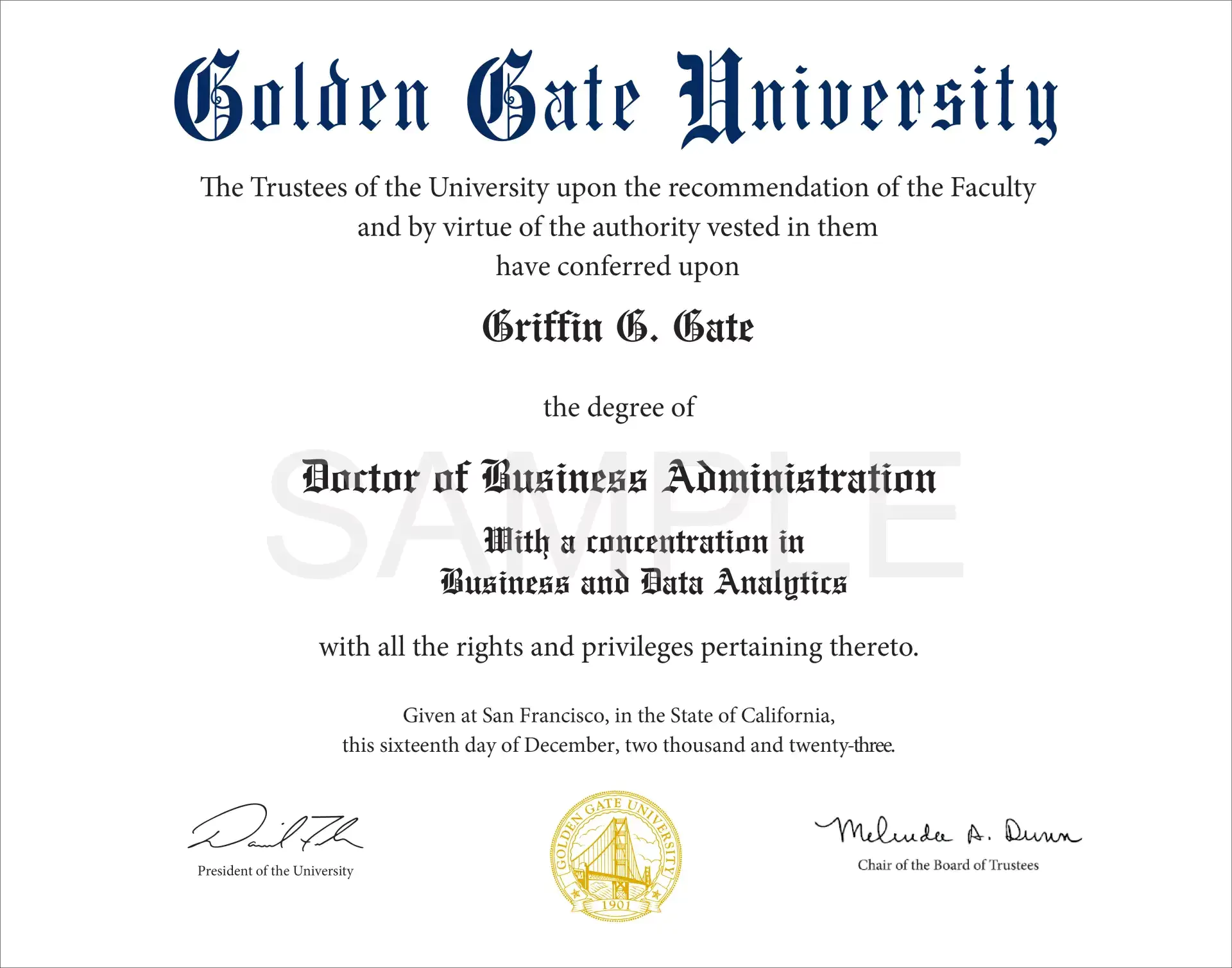 Sample Golden Gate University Doctor of Business Administration diploma